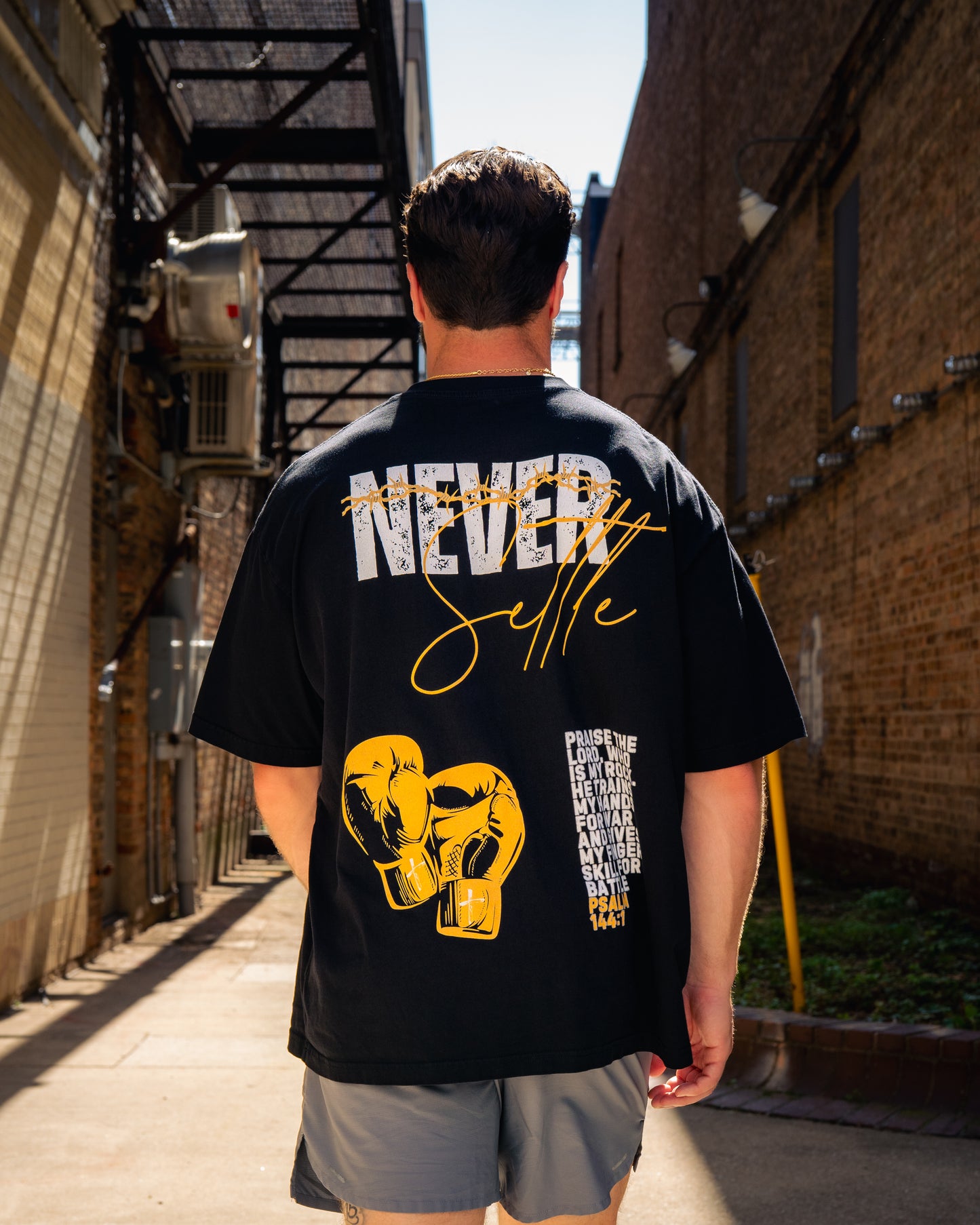 Never Settle | Psalm 144:1 Premium Oversized T-Shirt